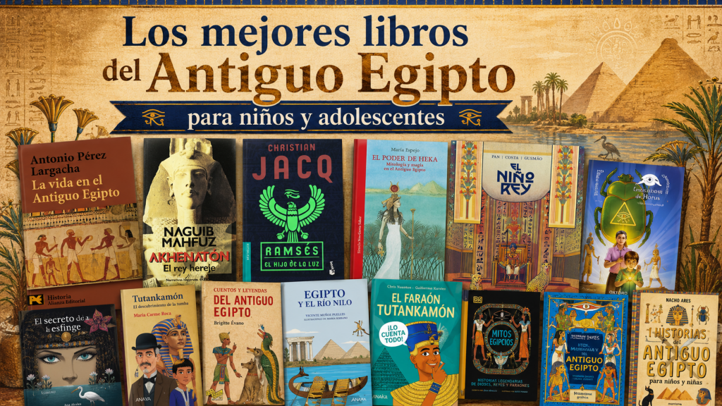 Composición artística sobre los mejores libros del Antiguo Egipto para adolescentes
